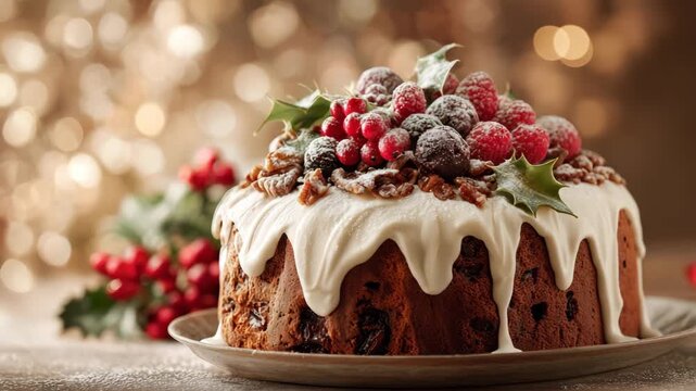 Christmas fruitcake decorated with frosting, berries, and holly on a wooden table with bokeh background