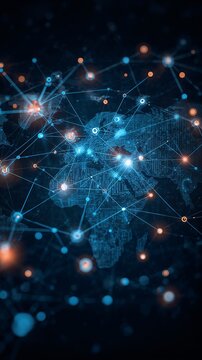 Vertical banner, wallpaper for social media of High-resolution infographic style illustration of a complex global financial network consisting of glowing nodes with varying sizes and intensities