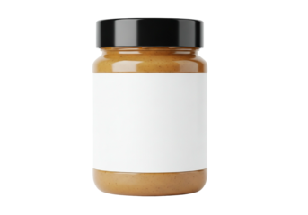 A jar of peanut butter with a blank label on a transparent background