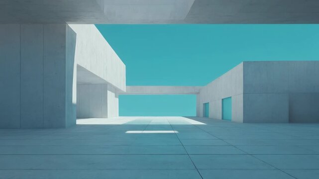 Modern architectural design with minimalist concrete structures and vibrant blue sky