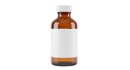 Amber glass bottle with a white cap and blank label on a transparent background