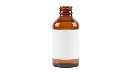 Amber glass bottle with blank white label on transparent background, isolated