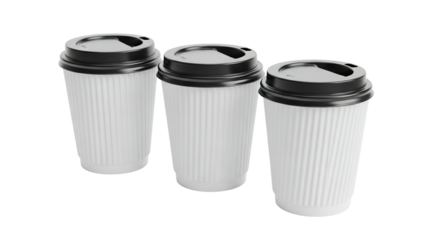 Three white disposable coffee cups with black lids on a transparent background