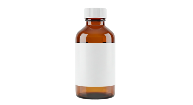 Amber glass bottle with a white cap and blank label on a transparent background