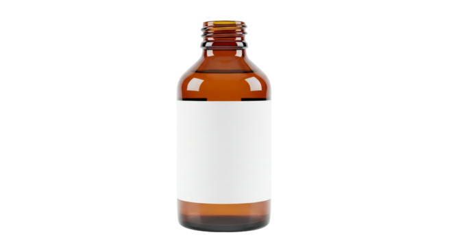 Amber glass bottle with blank white label on transparent background, isolated