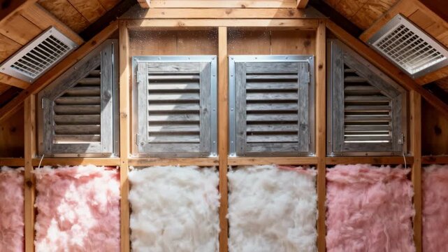 Medium perspective of a ventilated attic with louvered vents allowing fresh air intake and stale air expulsion for improved insulation.