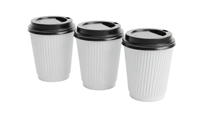 Three white disposable coffee cups with black lids on a transparent background