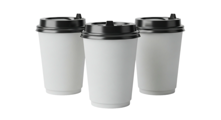 Three white disposable coffee cups with black lids on a transparent background