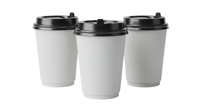 Three white disposable coffee cups with black lids on a transparent background