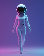 Cinematic woman astronaut model walking profile in neon gradient light