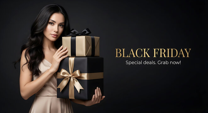 Elegant Woman Holding Luxury Black Friday Gifts.