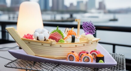 Japaneese cheesecake assortment of fresh sushi and sashimi served on a decorative wooden boat platter with a glowing lamp and blurred city skyline in the background at an outdoor restaurant setting