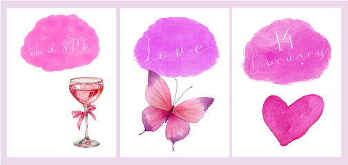 Set of romantic watercolor cards for Valentine's Day. Minimalistic cards with watercolor frame, heart, butterfly and pink cocktail in a glass with a bow. Romantic elements of coquette.