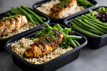 Healthy meal prep with grilled chicken, quinoa, and green beans in black containers