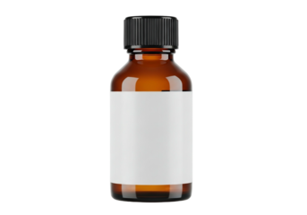 Amber glass bottle with white label and black cap isolated on transparent background