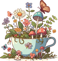 Whimsical Teacup Garden with Butterflies and Mushrooms
