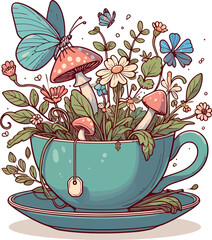 Whimsical Teacup Garden with Butterfly and Mushrooms