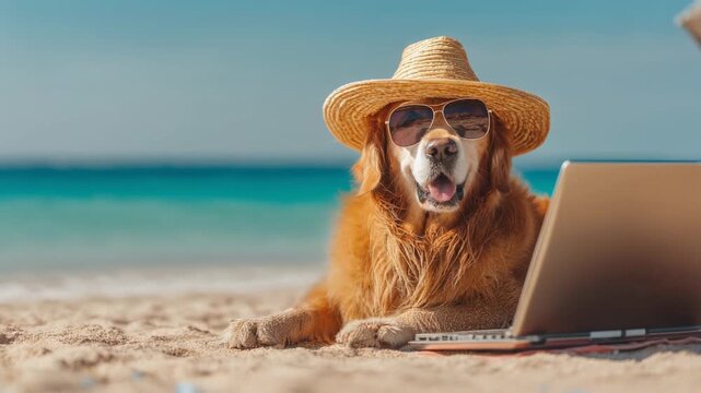 Cute dog wearing sunglasses and a hat relaxing on the beach with a laptop, perfect for summer lifestyle themes