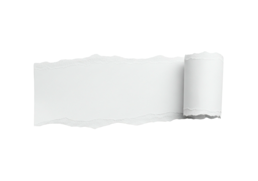 Torn paper with white background, isolated on transparent background, showing rough edges and a rolled up section