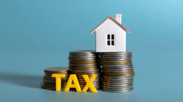 House model on stacked coins with yellow tax letters symbolizing property tax concept on blue background