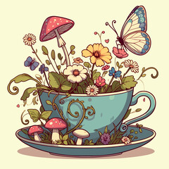 Whimsical Teacup Garden with Butterfly and Mushrooms