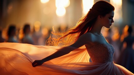 A young adult woman with red hair, wearing a strapless, embellished gown, is captured mid-twirl, her voluminous skirt and sheer overlay flowing dramatically. Th