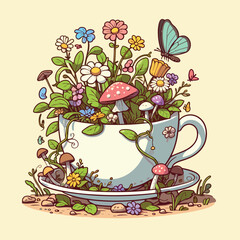 Whimsical Teacup Garden with Mushrooms and Butterfly