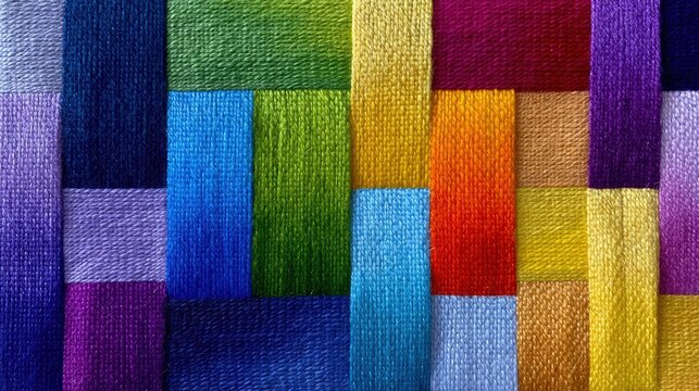 A close-up, abstract view of woven fabric strips in a variety of vibrant colors, creating a textured, geometric pattern.