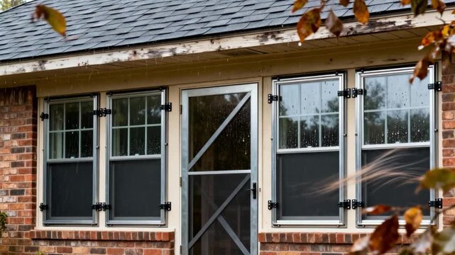 Medium shot of a sturdy home exterior featuring reinforced windows and storm shutters ready to withstand heavy winds and rain.