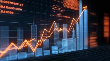 Dynamic financial growth graph with city skyline and data visualization for business success - Powered by Adobe