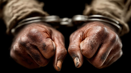 Fototapeta premium Close-up of hands in metal handcuffs, realistic skin texture, clean fingernails, neutral clothing, soft lighting, black background