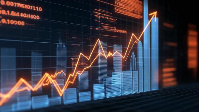 Dynamic financial growth graph with city skyline and data visualization for business success - Powered by Adobe