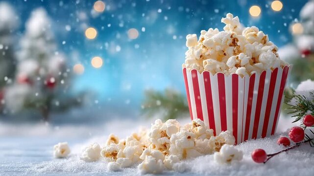 Christmas popcorn in a red striped bucket on snowy ground with falling snow, festive bokeh lights, and winter decorations, creating a cozy holiday food concept ideal for seasonal advertising