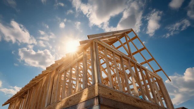 Construction of a modern wooden house framework under a bright sky with sun rays