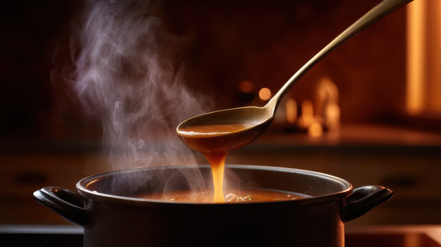 Hot soup in black pot with ladle pouring liquid and steam rising in warm kitchen light
