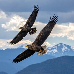 Obraz premium Majestic Bald Eagles Soaring Above Mountain Peaks in a Breathtaking Display of Freedom.