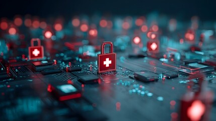 Digital security with medical cross padlocks on circuit board