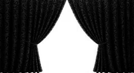 Elegant black velvet curtains parted to reveal a dark space isolated on transparent background