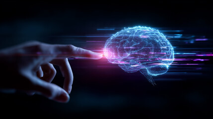 Futuristic Artificial Intelligence Concept with Glowing Digital Brain and Human Hand Interaction