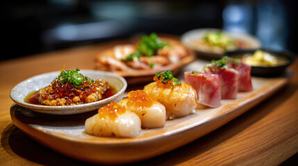 Fresh sushi with scallop, fish roe, and garnishes served on wooden platter with side dishes in restaurant setting