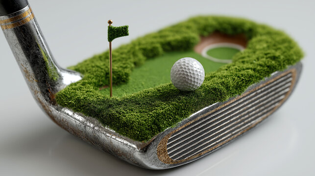 3D render of golf club head as miniature golf course, lush green grass, flag pole, golf ball, sleek metallic design, studio lighting