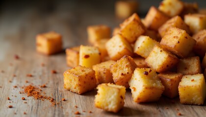 Golden Brown Crispy Seasoned Cubes on Wooden Surface Ready for Garnishing or Snacking