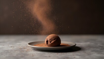 Silky Chocolate Ice Cream with Cocoa Dust on a Minimalist Plate Against Dark Background