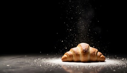 Freshly Baked Croissant with Sugar Dust on Dark Background in Studio Setting