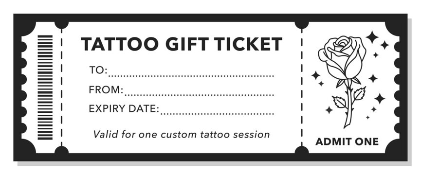 Tattoo gift ticket template with rose illustration and admit one voucher design. Digital coupon for tattoo studio