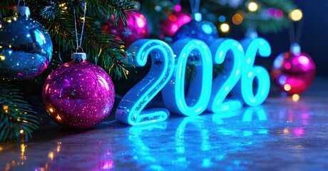 Festive scene depicts glowing numbers 2026, ornaments, branches. Bright lights create celebratory mood, reflecting on floor.