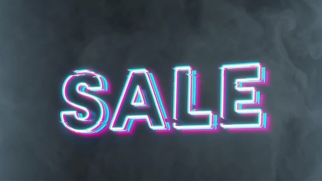 Neon SALE word with subtle glitch shimmer and cyan magenta edge split, gentle micro flickers over dark smoky background, steady pulse for online ecommerce or live stream call to action!