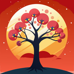 Fototapeta premium Stylized dark tree with bright red fruit against a huge orange moon