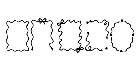 Collection of whimsical hand drawn doodle frames with ribbons and hearts on white paper