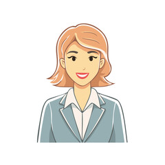 Smiling businesswoman with short blonde hair wearing a blue suit and white shirt, cartoon style